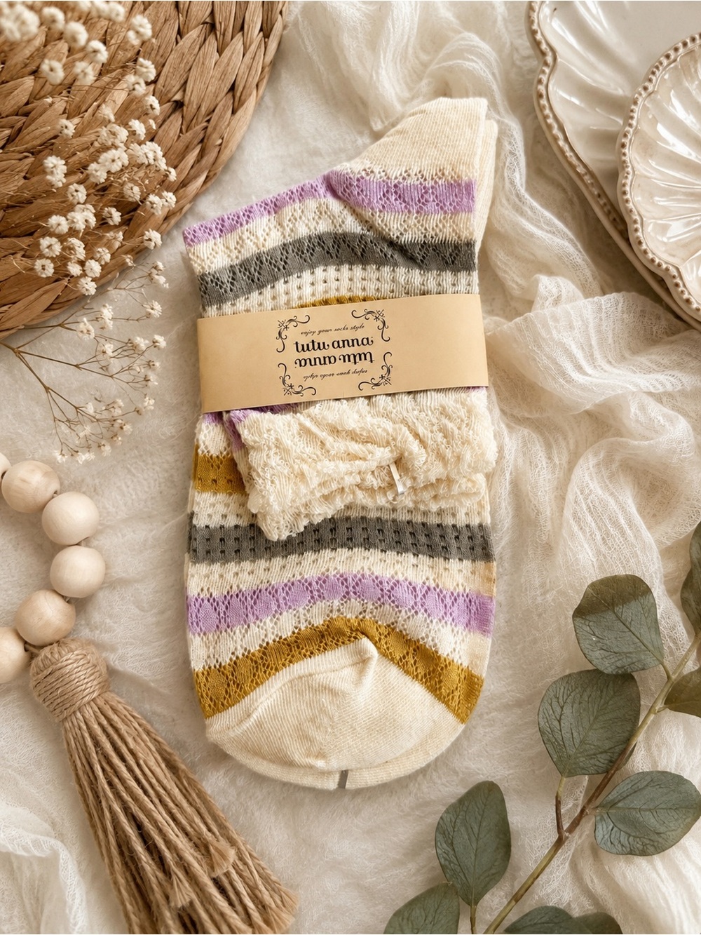 Tutuanna Lace Trim Striped Ankle Socks Cream Lavender Mustard Gray NWT